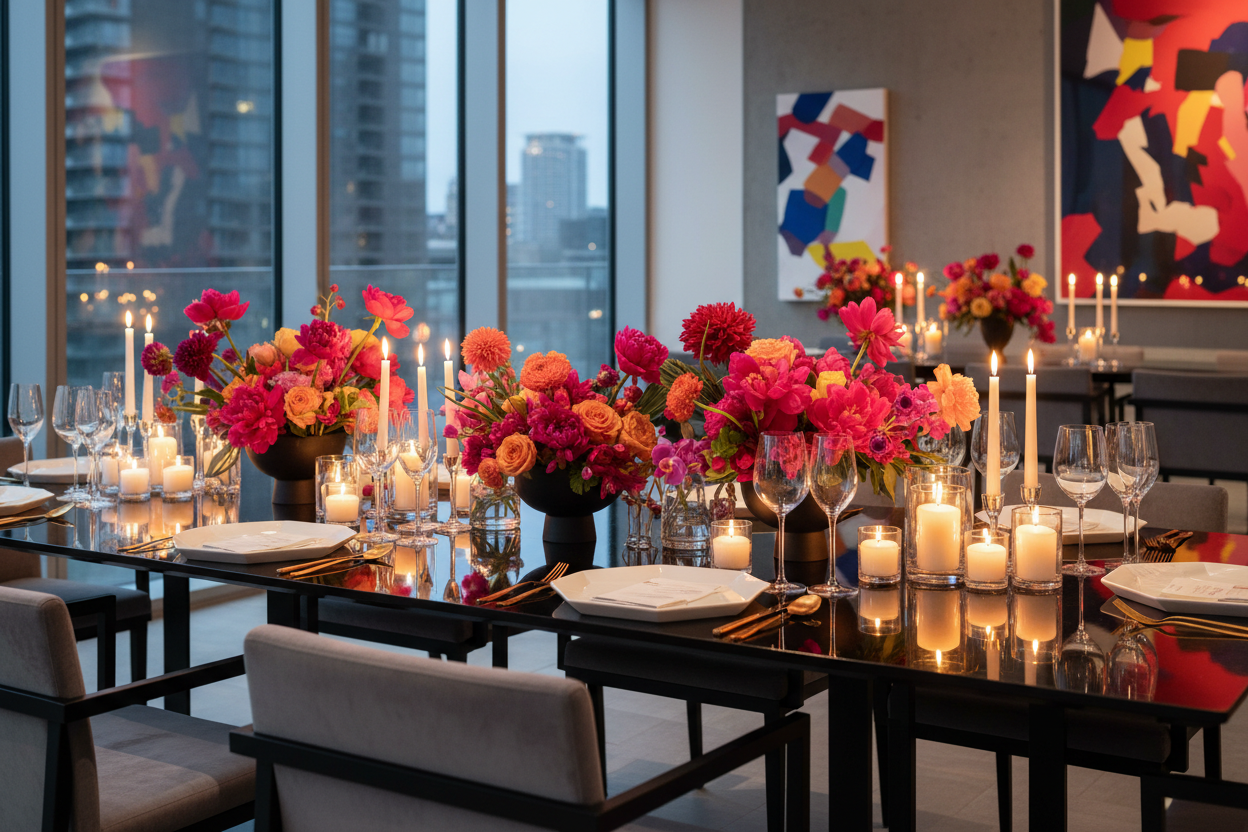 dinner tablescape with vibrant colors, florals, and candlelight in a sleek modern setting